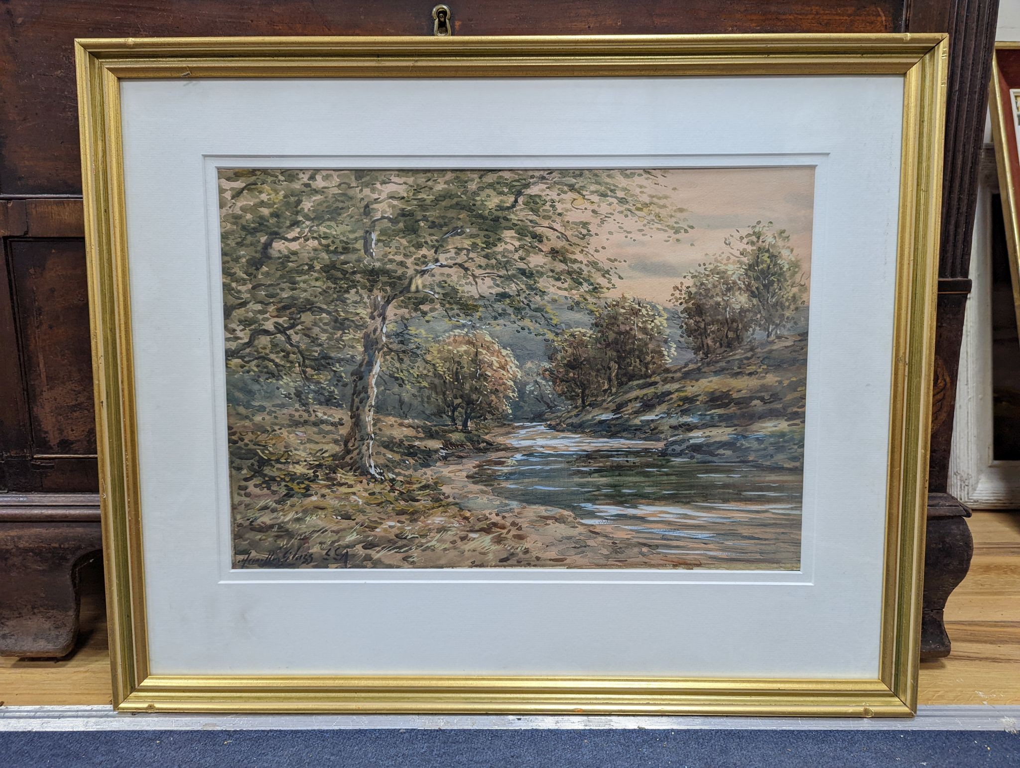 John Hamilton Glass (1890-1925), watercolour, River landscape, signed, 34 x 49cm